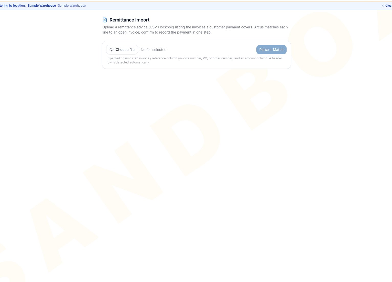 Remittance Import page with Choose file, no file selected, and Parse and Match disabled