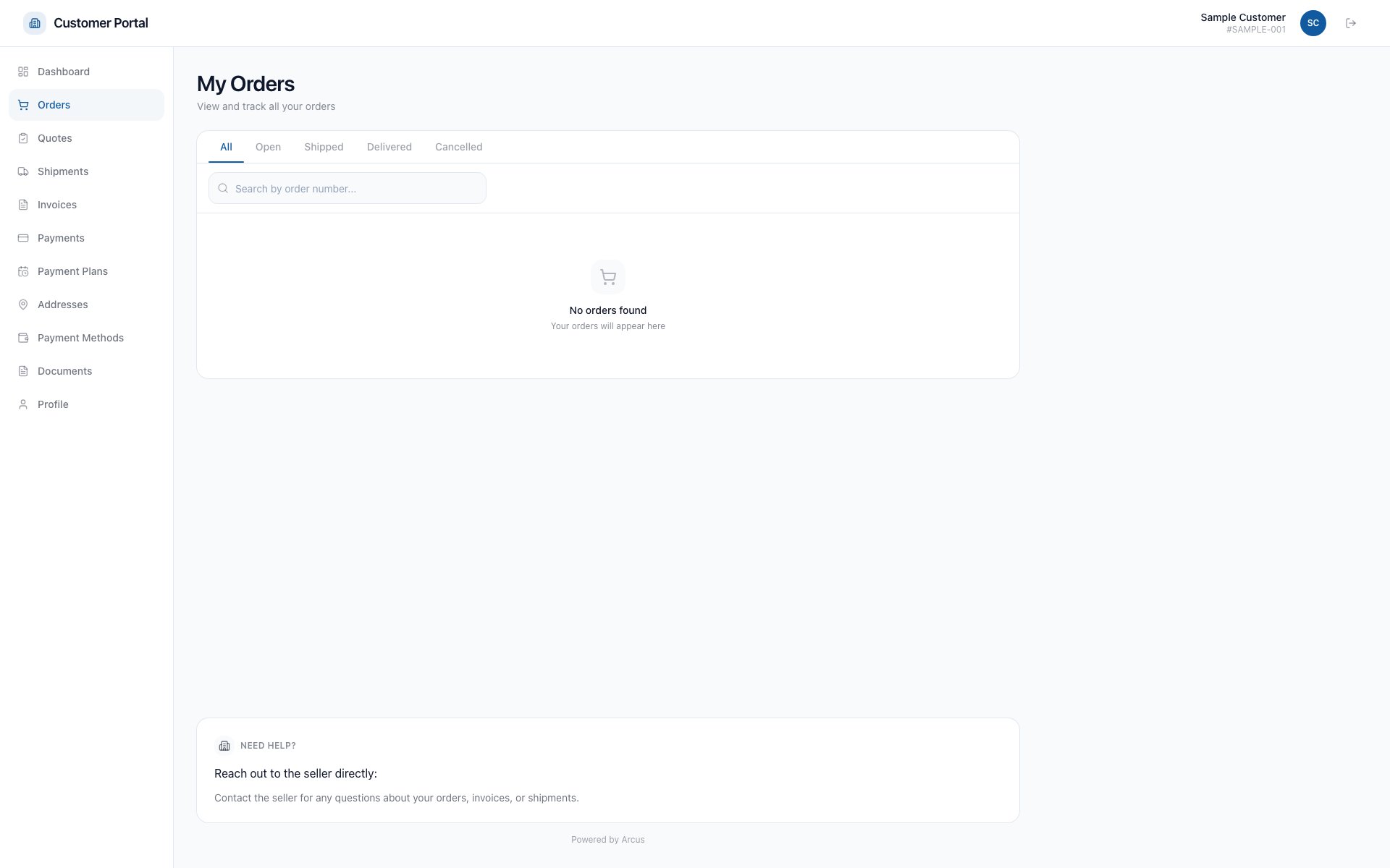 Customer portal Orders page with All, Open, Shipped, Delivered, and Cancelled filters, order-number search, and a No orders found empty state