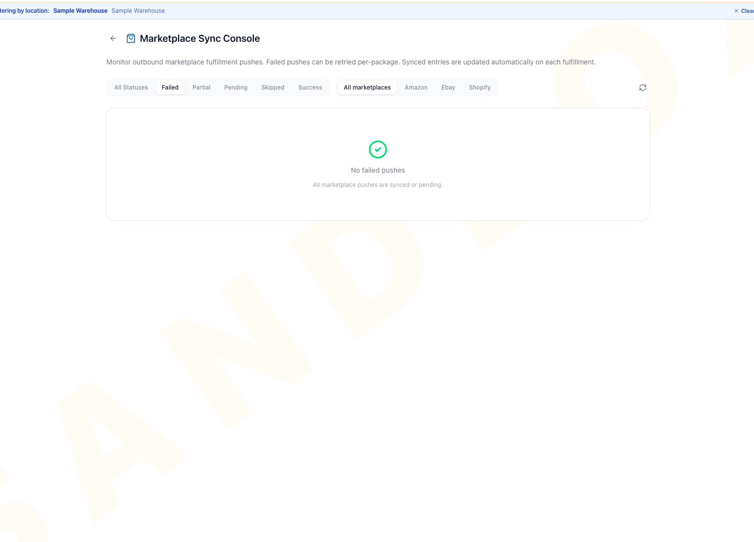 Marketplace Sync Console with Failed and All marketplaces selected and a No failed pushes empty state