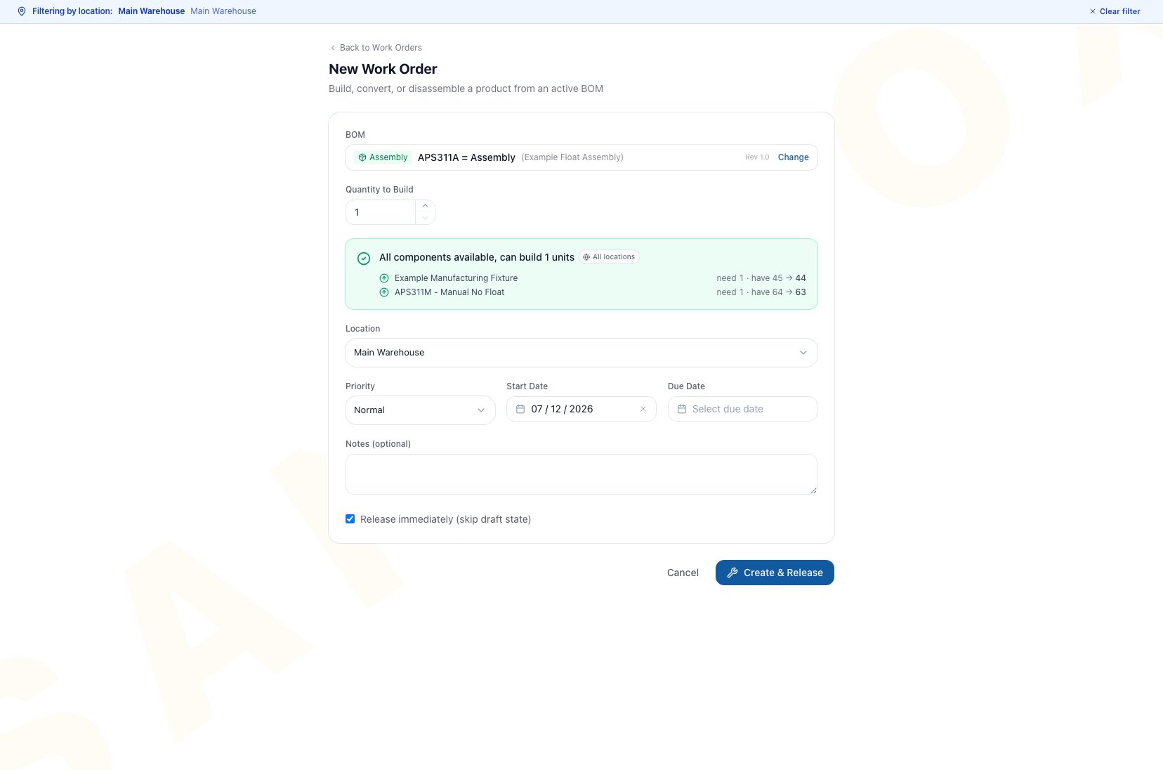 New Work Order page opened from an assembly BOM with selected recipe, quantity, location, and availability