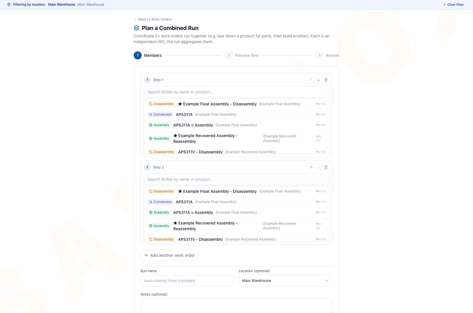 Plan a Combined Run Members step with two sequenced BOM selectors, quantity controls, run name, location, notes, and Add another work order