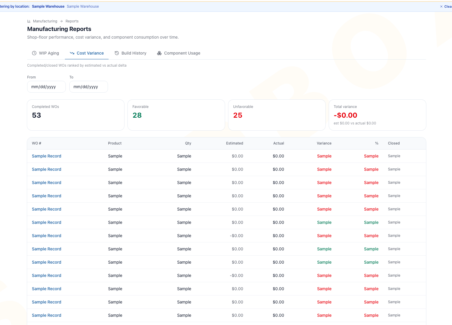 Manufacturing Reports Cost Variance tab with sanitized sample rows, From and To filters, Completed WOs, Favorable, Unfavorable, and Total variance summaries