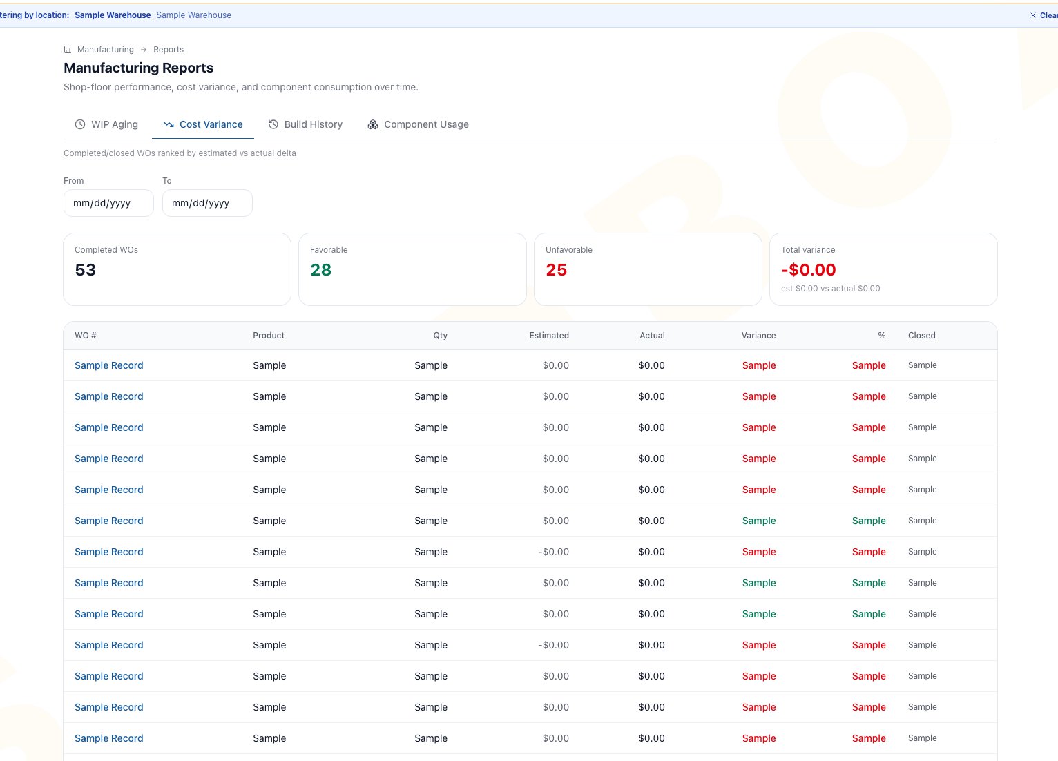 Manufacturing Reports Cost Variance tab with sanitized sample rows, From and To filters, Completed WOs, Favorable, Unfavorable, and Total variance summaries