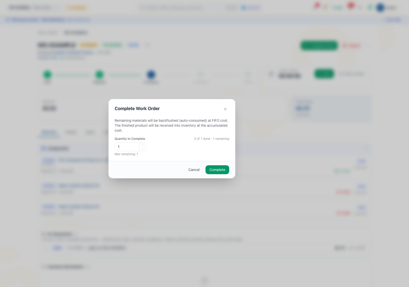 Complete Work Order modal with quantity, current progress, remaining quantity, and Complete action