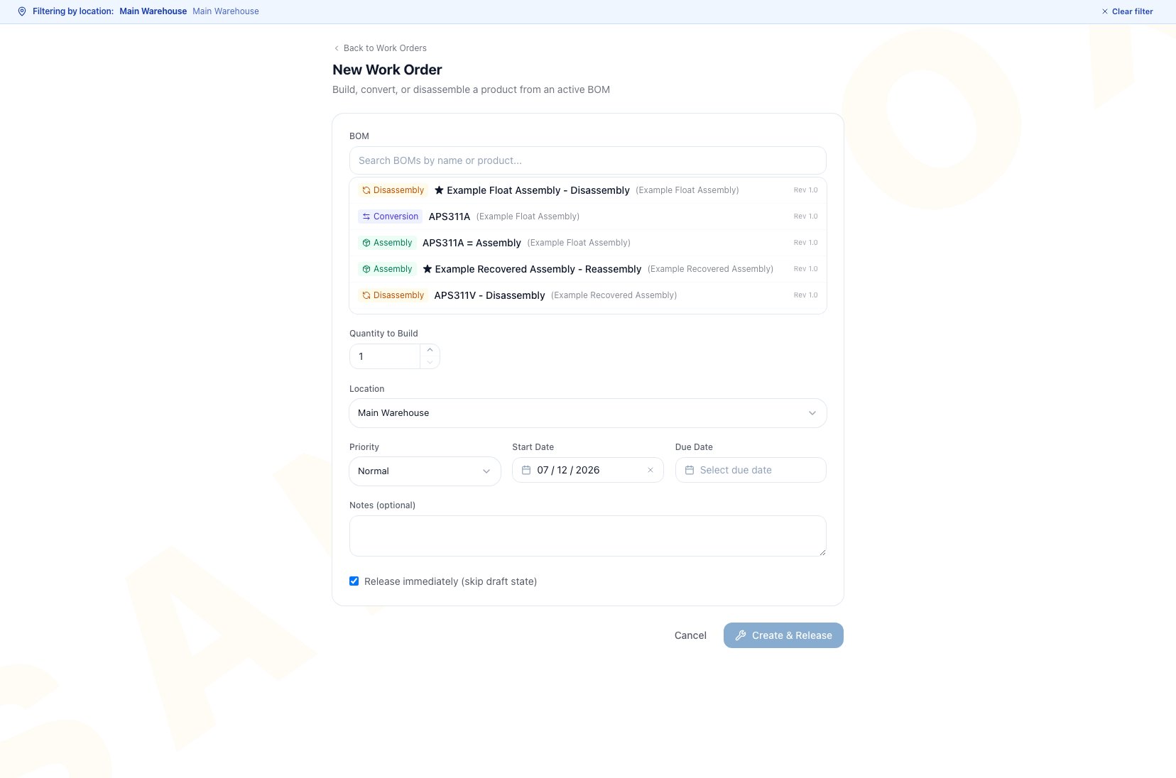 New Work Order form with the Active BOM picker open above quantity, location, priority, dates, notes, release immediately, and Create and Release controls
