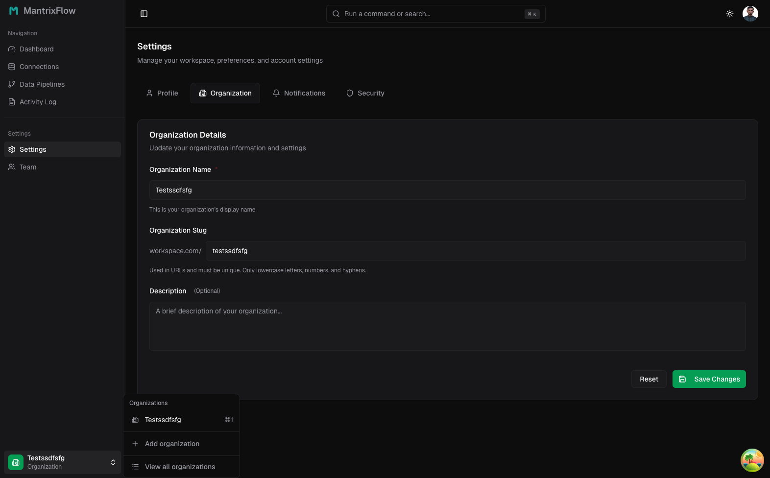 Organization switcher menu