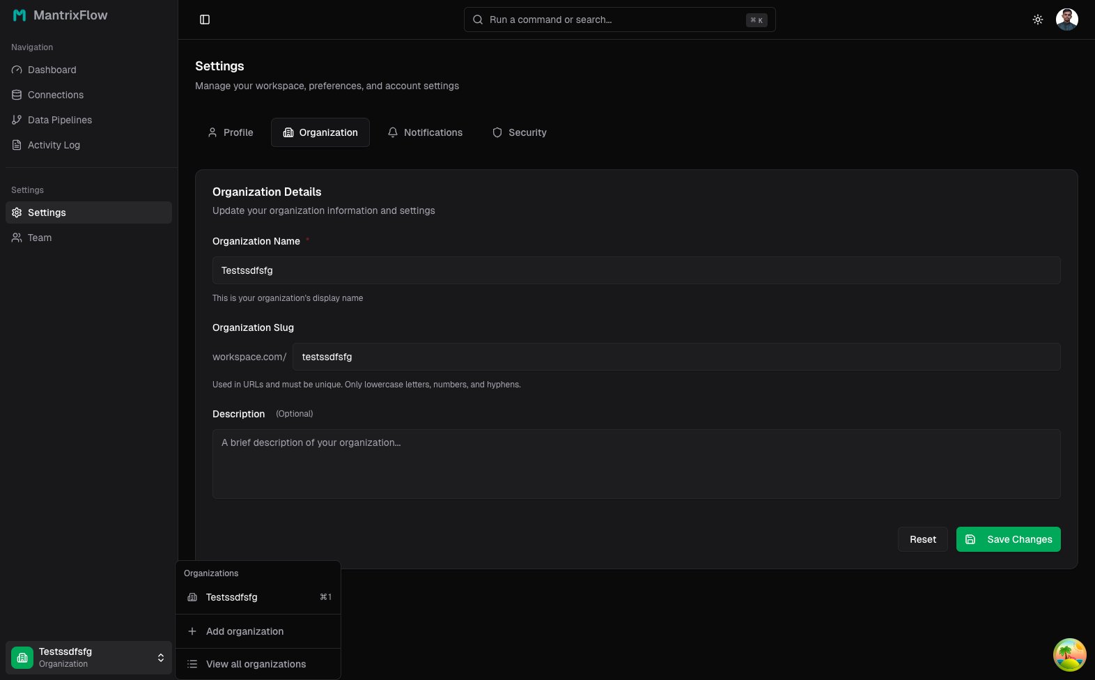 Organization switcher menu