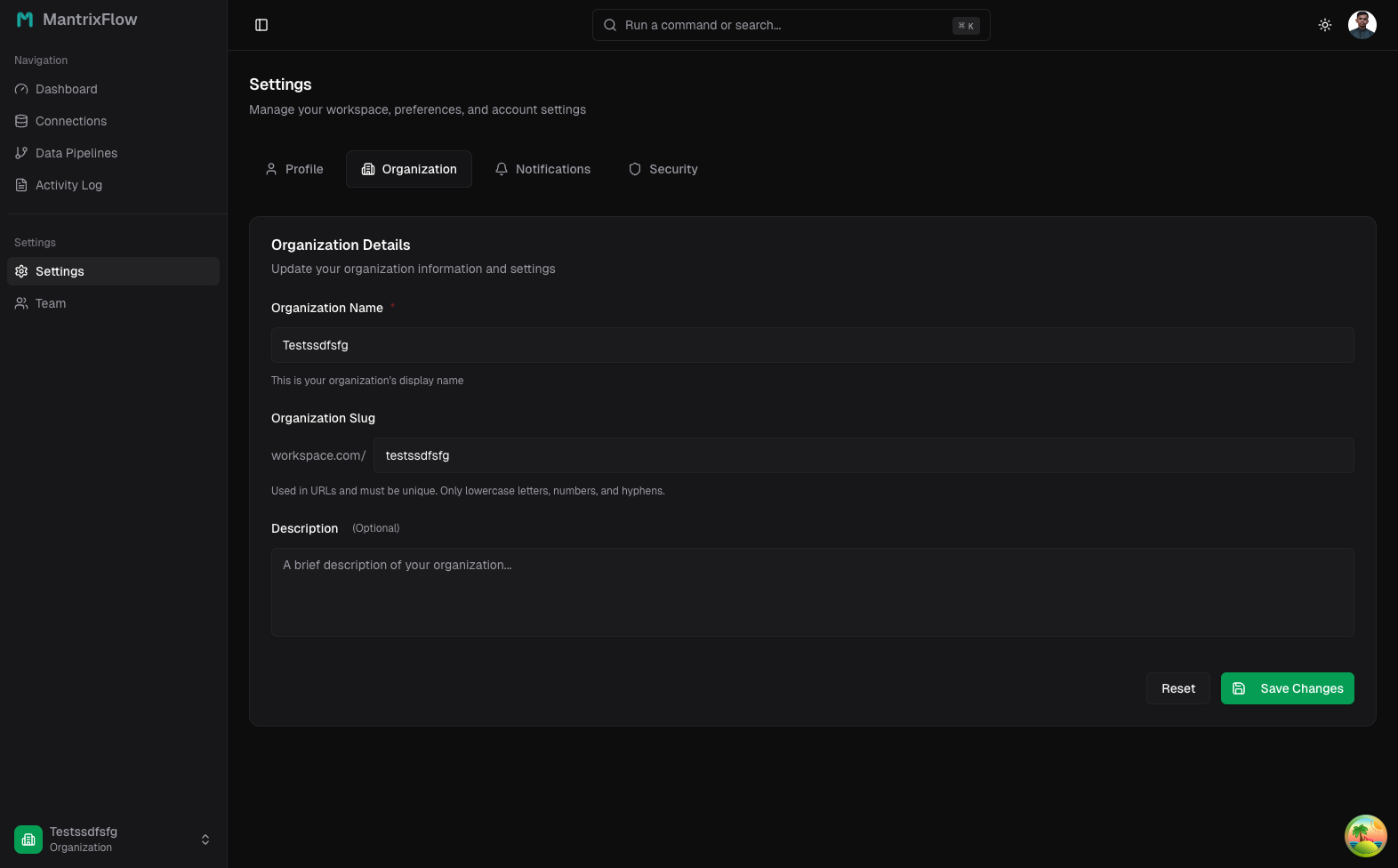 Settings - Organization tab