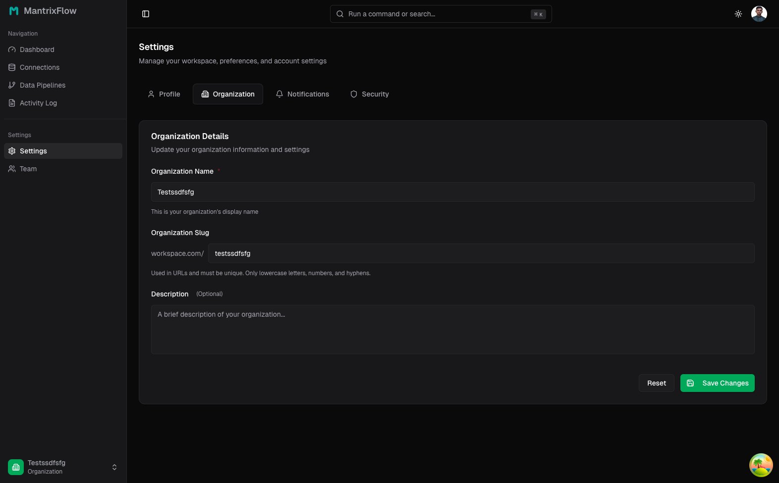 Settings - Organization tab