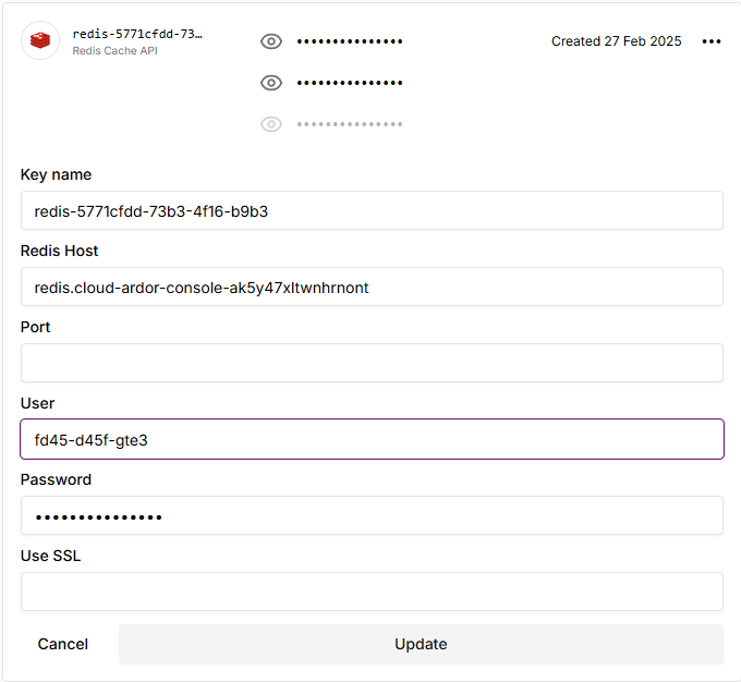 Example of Editing a Credentials for Redis
