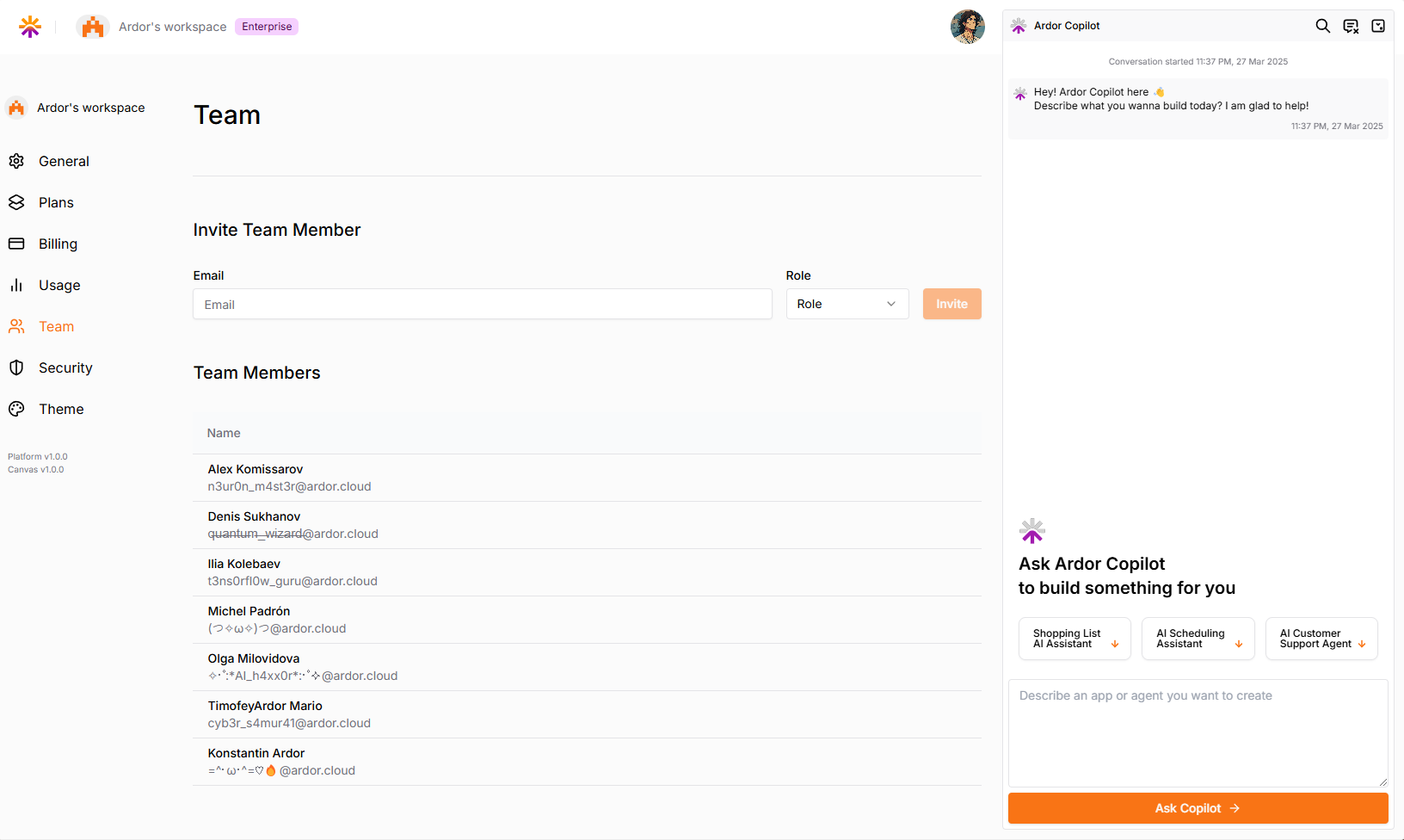 Team Management Interface