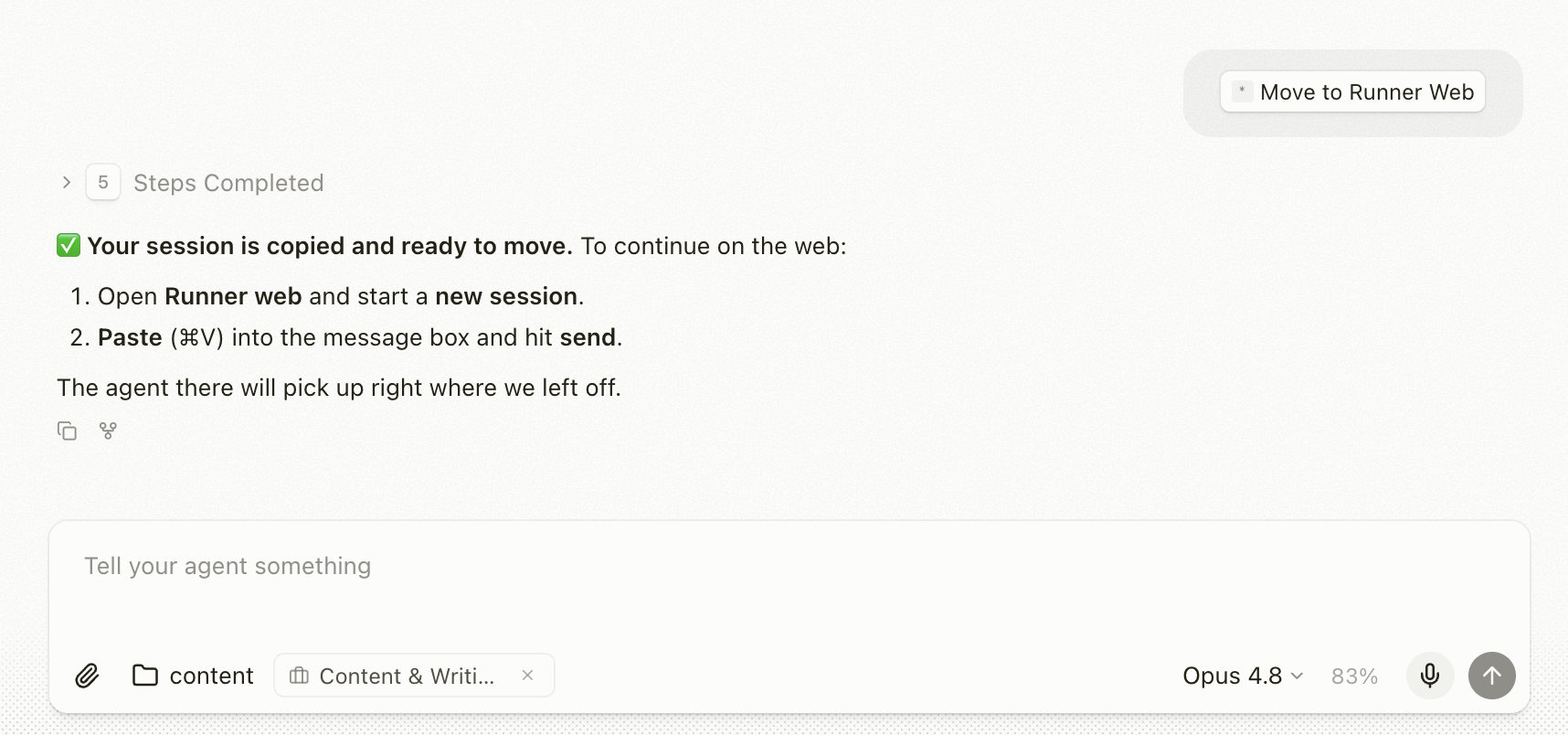 Runner confirming the session is copied and ready to paste into Runner web