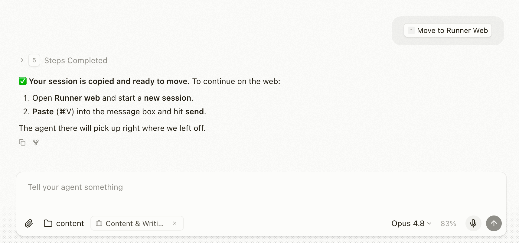 Runner confirming the session is copied and ready to paste into Runner web