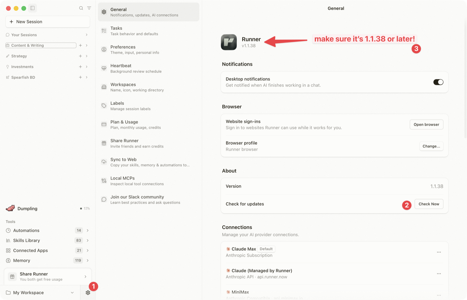 Runner Desktop settings showing version 1.1.38 and the Check Now button