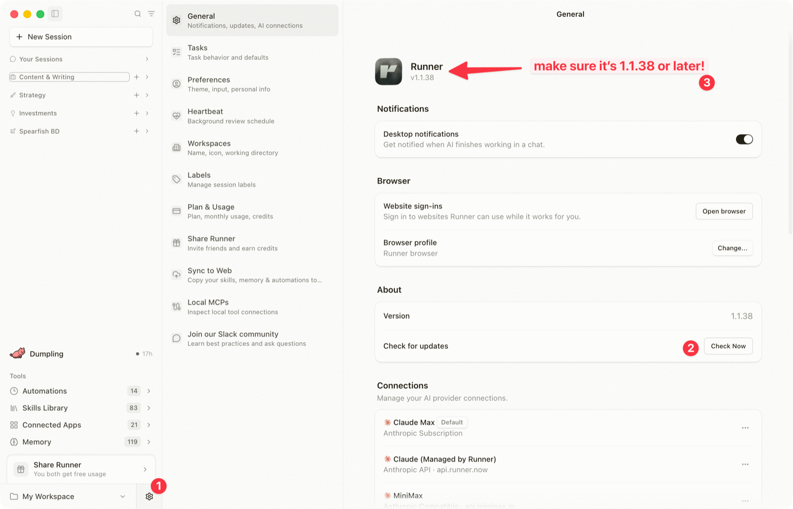 Runner Desktop settings showing version 1.1.38 and the Check Now button