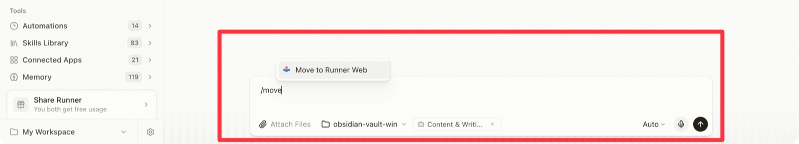 Typing /move in a desktop chat surfaces the Move to Runner Web skill