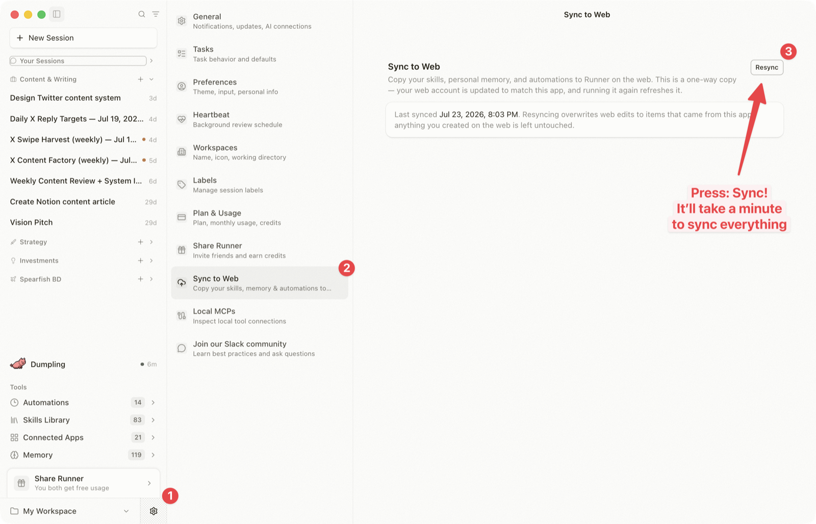 The Sync to Web page in Runner Desktop settings