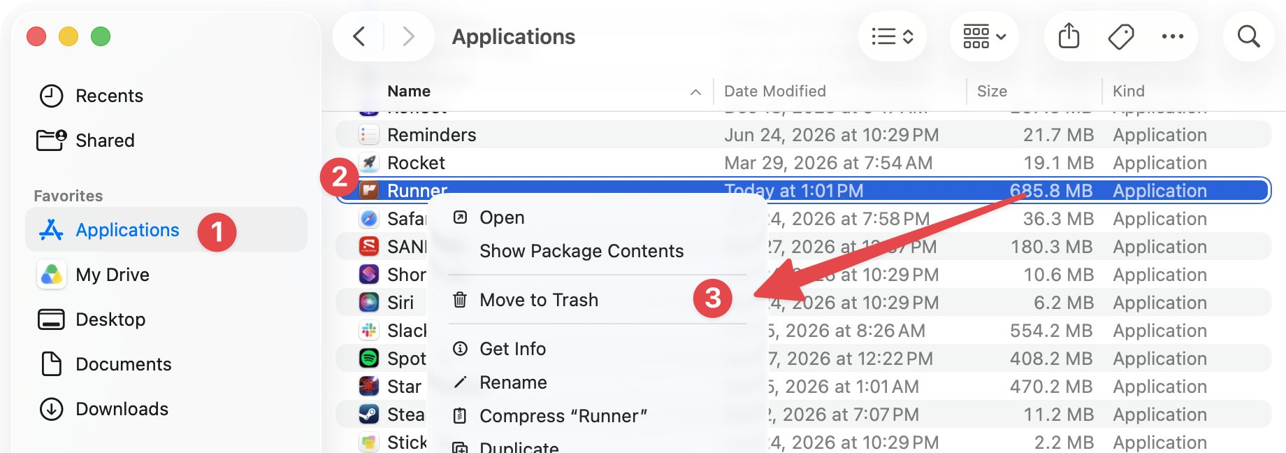 Right-clicking Runner in the Mac Applications folder and choosing Move to Trash