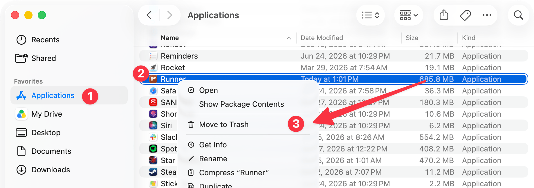 Right-clicking Runner in the Mac Applications folder and choosing Move to Trash