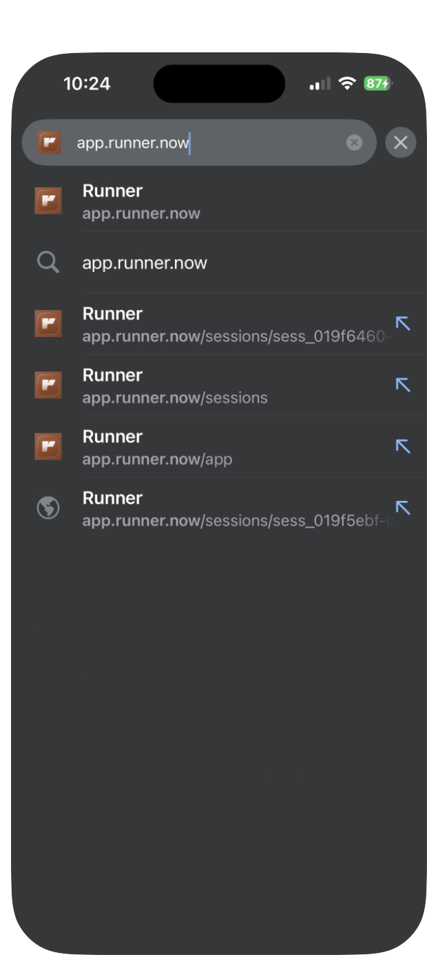 Typing app.runner.now into the browser on iPhone