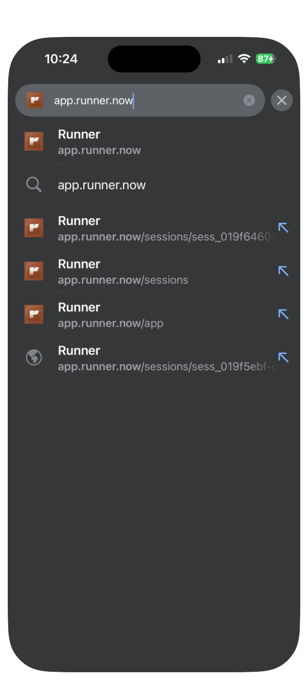 Typing app.runner.now into the browser on iPhone