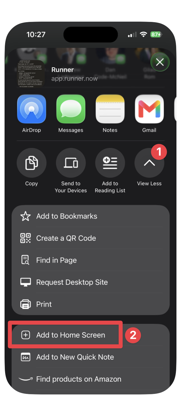The share menu with Add to Home Screen highlighted