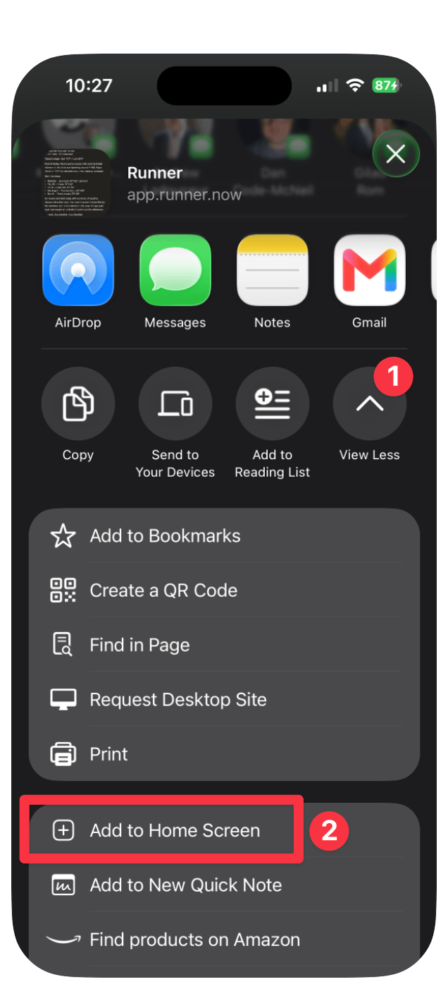 The share menu with Add to Home Screen highlighted