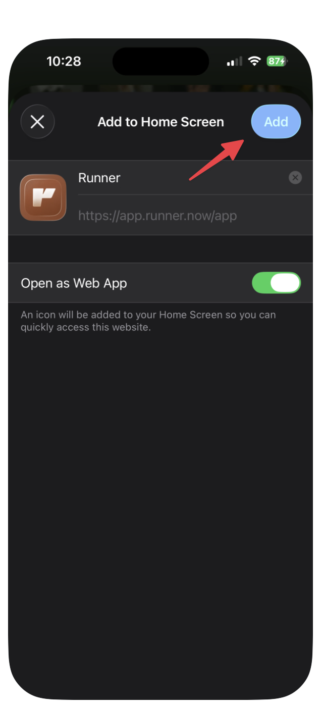 The Add to Home Screen dialog with Open as Web App toggled on