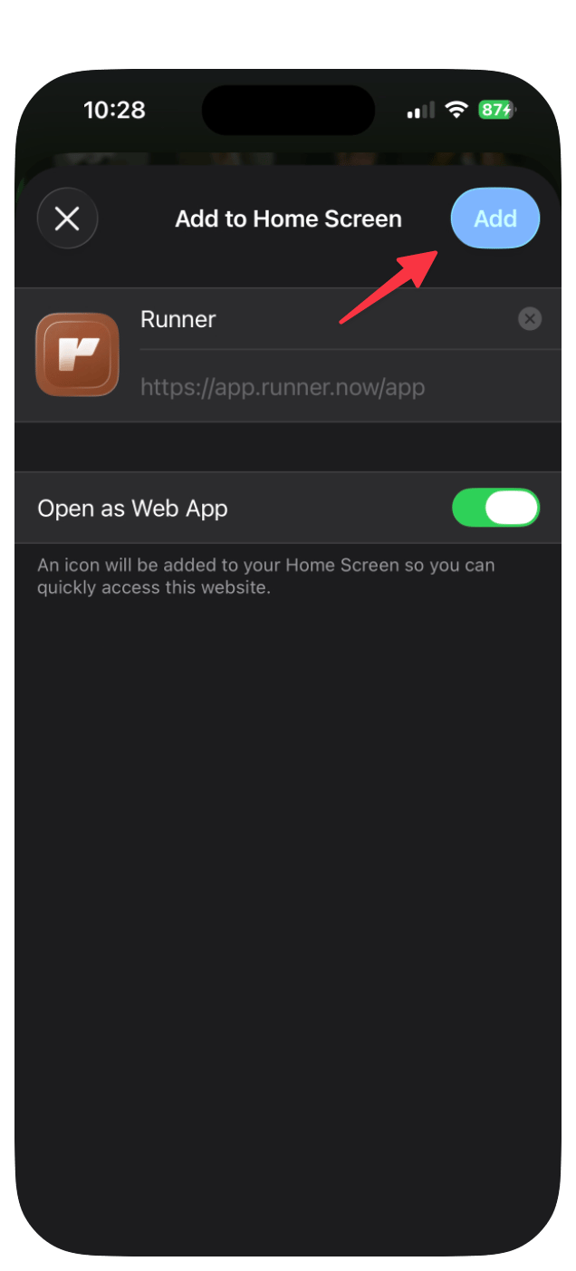 The Add to Home Screen dialog with Open as Web App toggled on