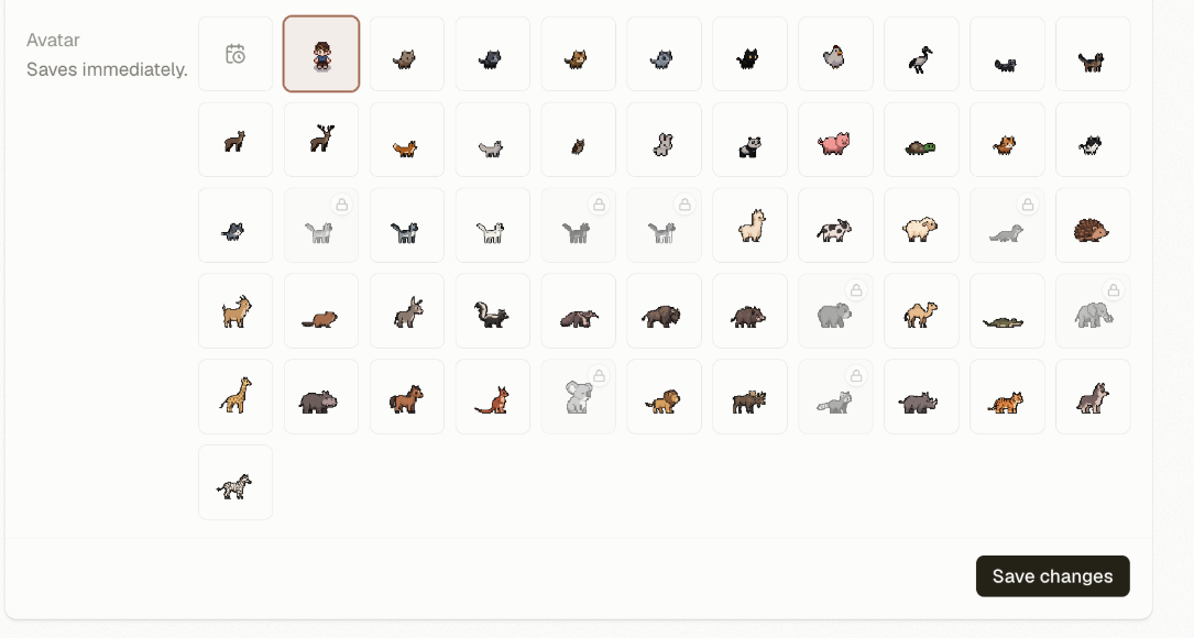 The avatar picker and Save changes button on a Runner