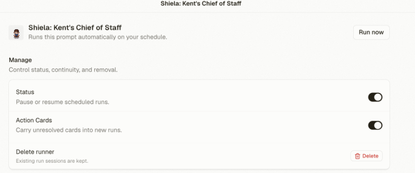 Shiela: Kent's Chief of Staff showing the Status and Action Cards controls