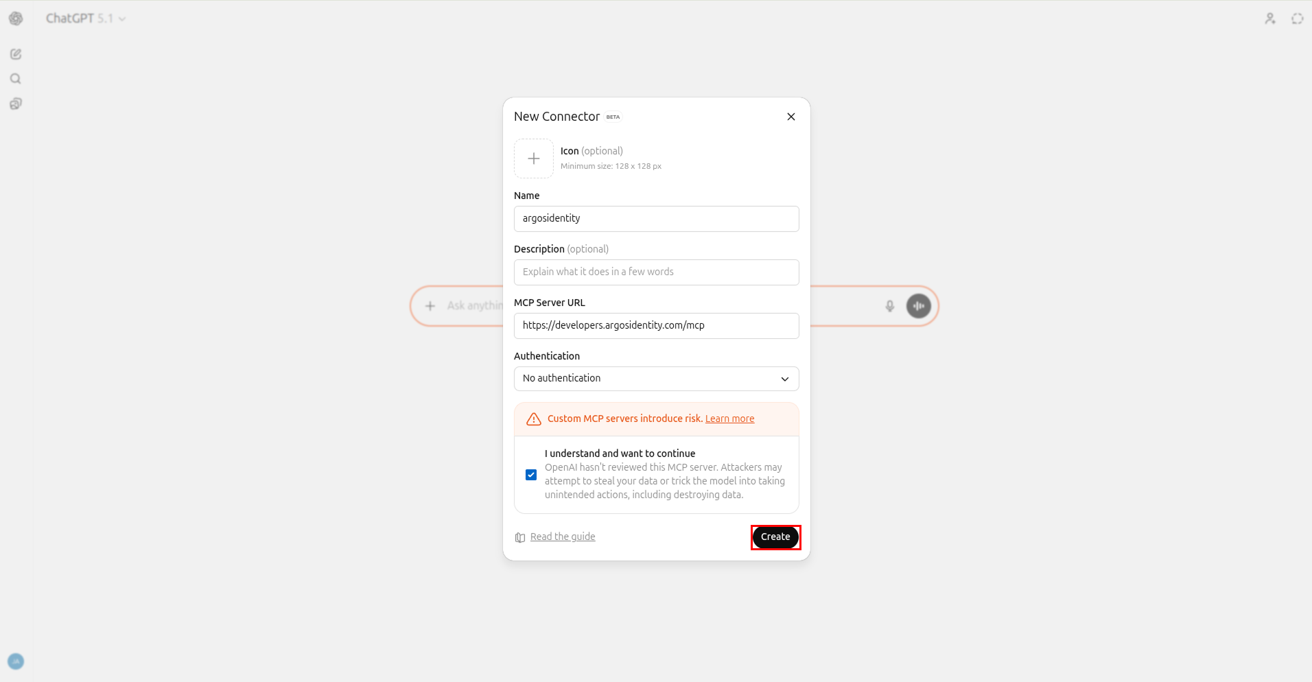 New Connector dialog showing fields for name, description, and MCP server URL