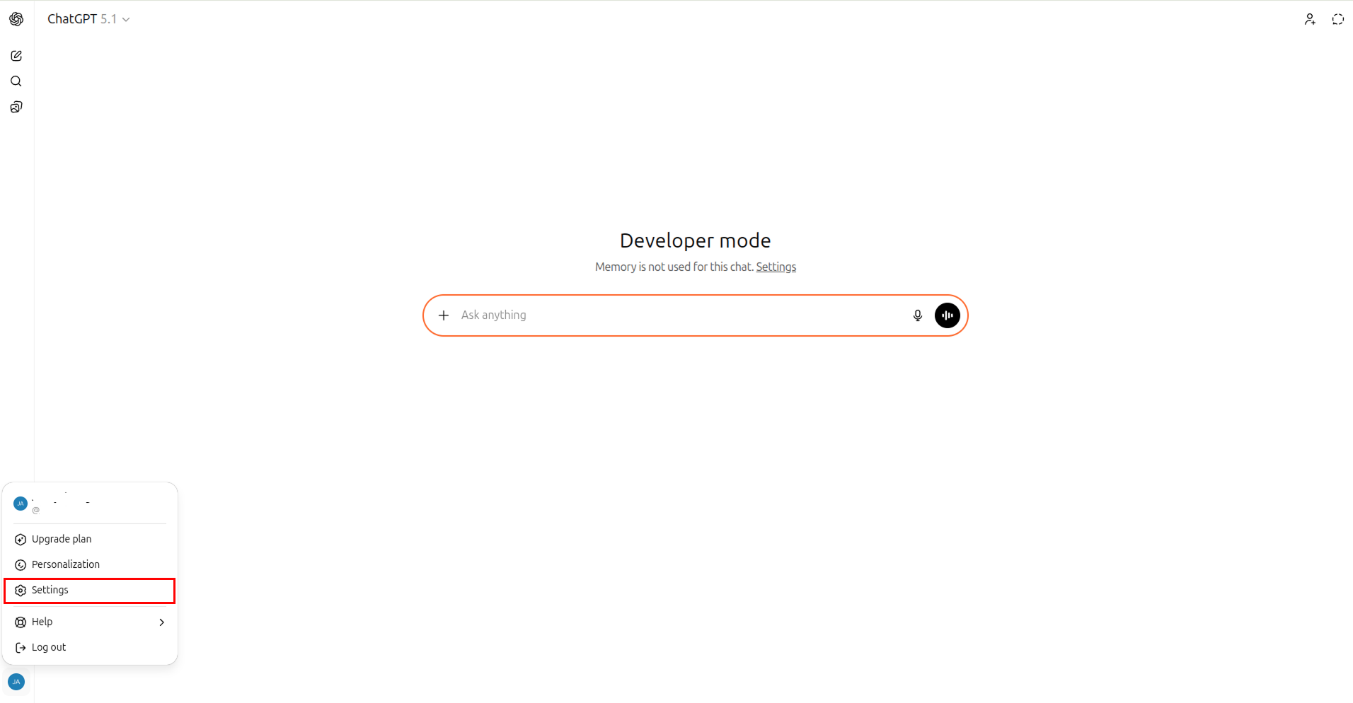 Selecting Settings from the lower-left profile menu in ChatGPT
