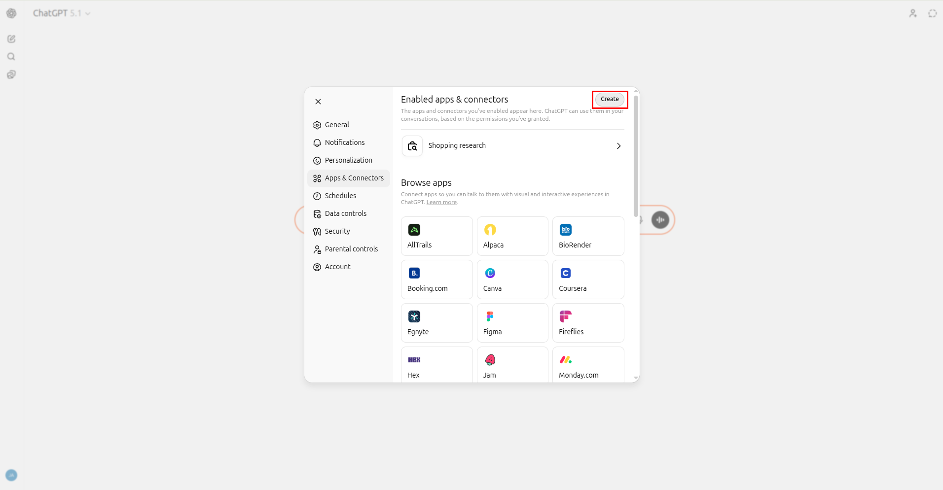 Create button highlighted inside the Apps & Connectors panel
