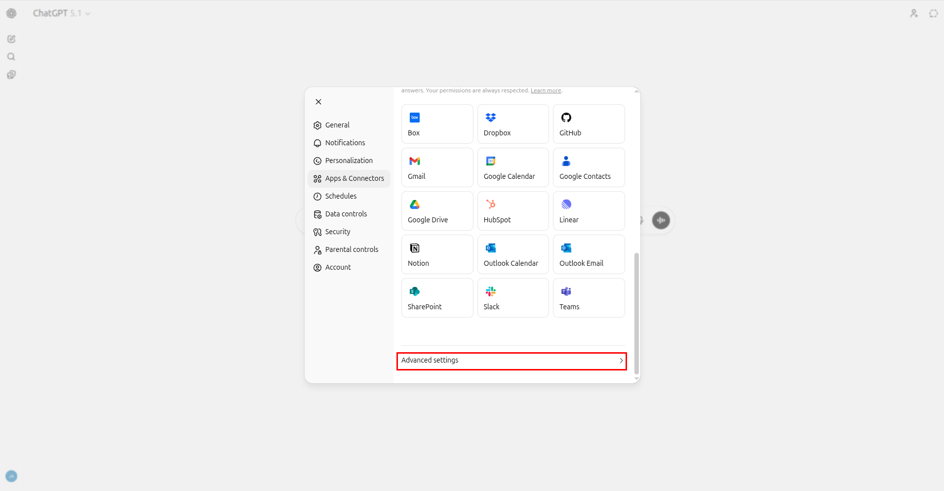Apps & Connectors panel highlighting the Advanced settings option