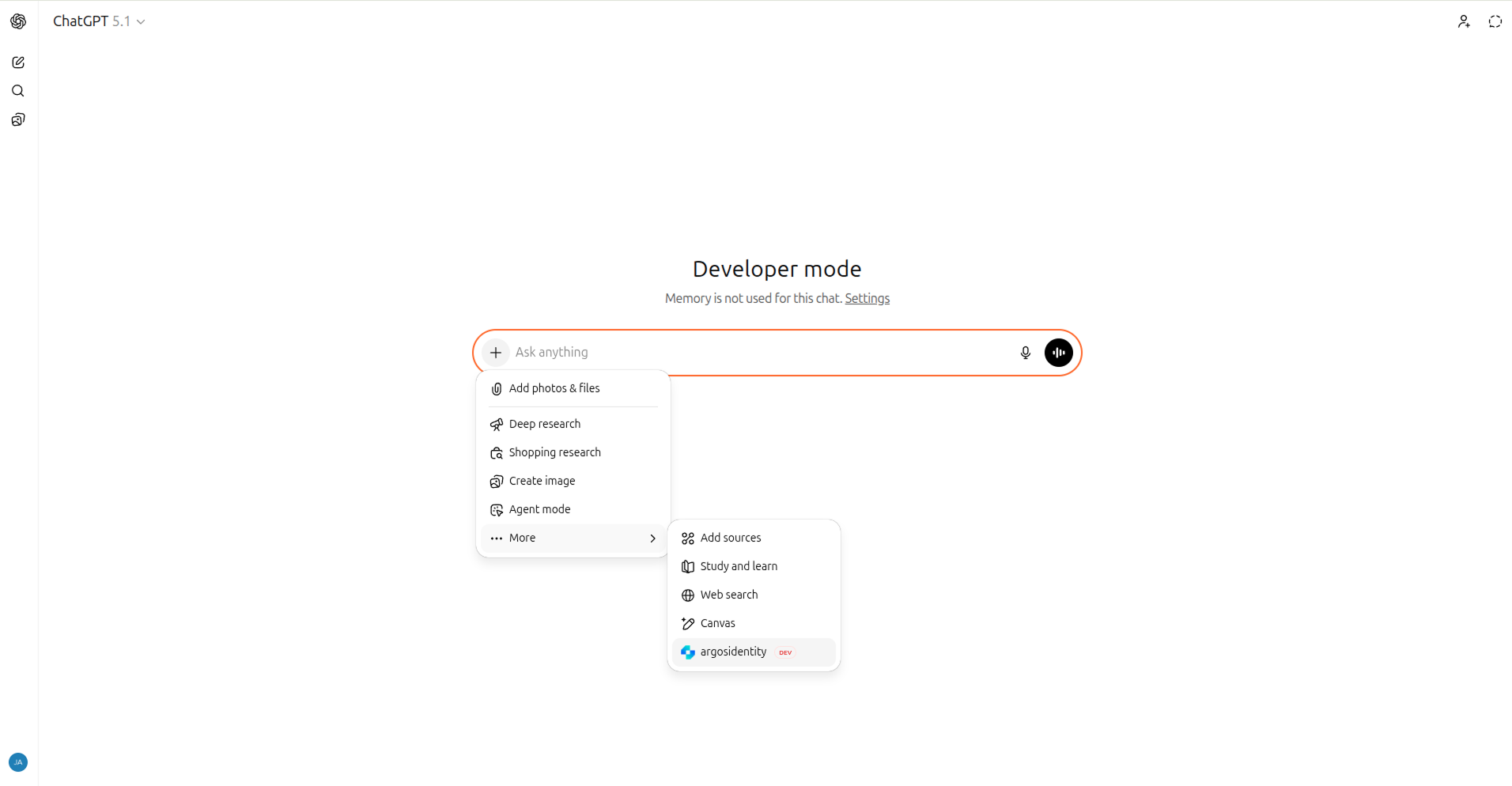 Connectors panel in Developer mode listing argosidentity