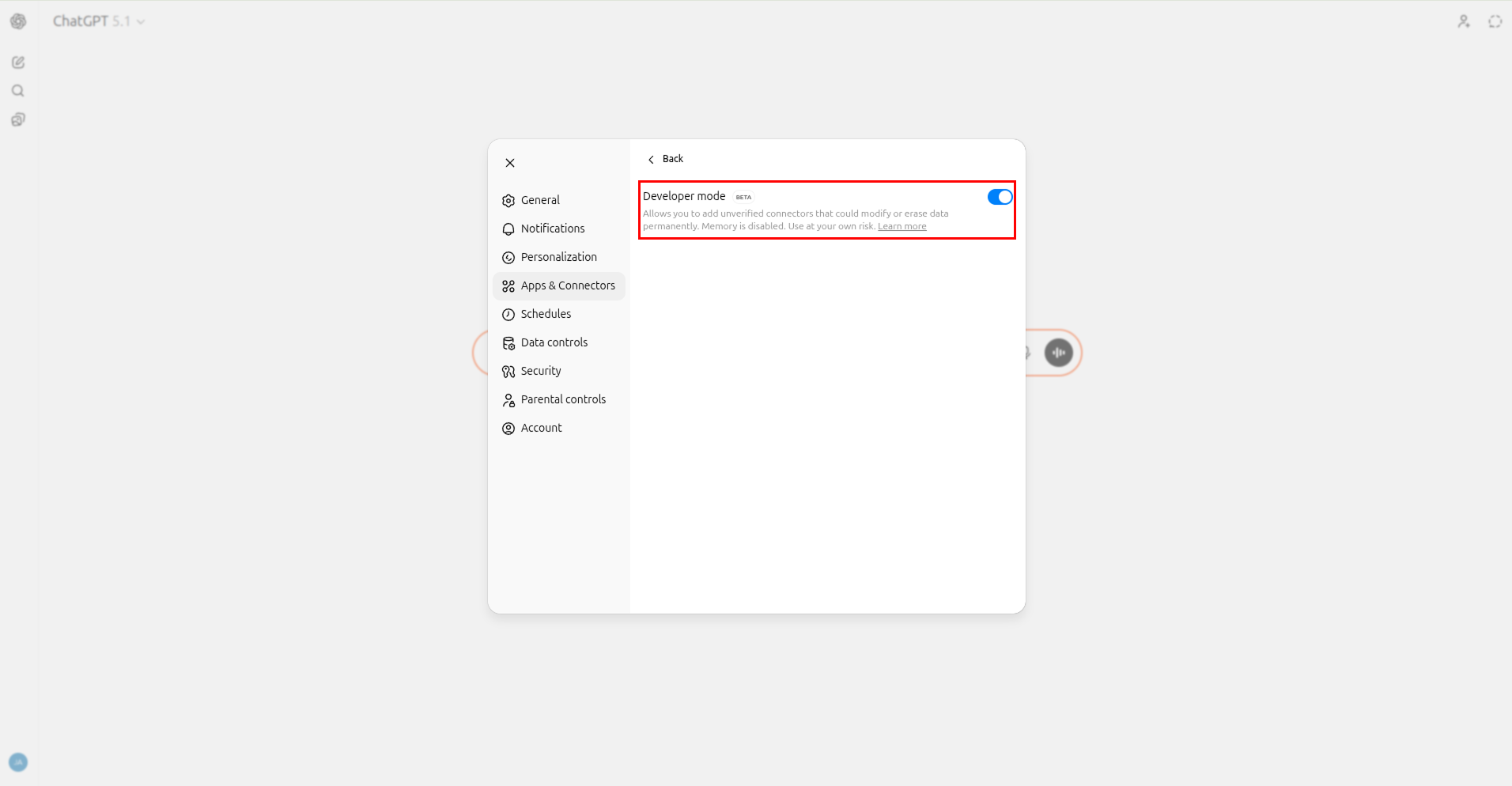 Developer mode toggle switched on inside the Apps & Connectors settings