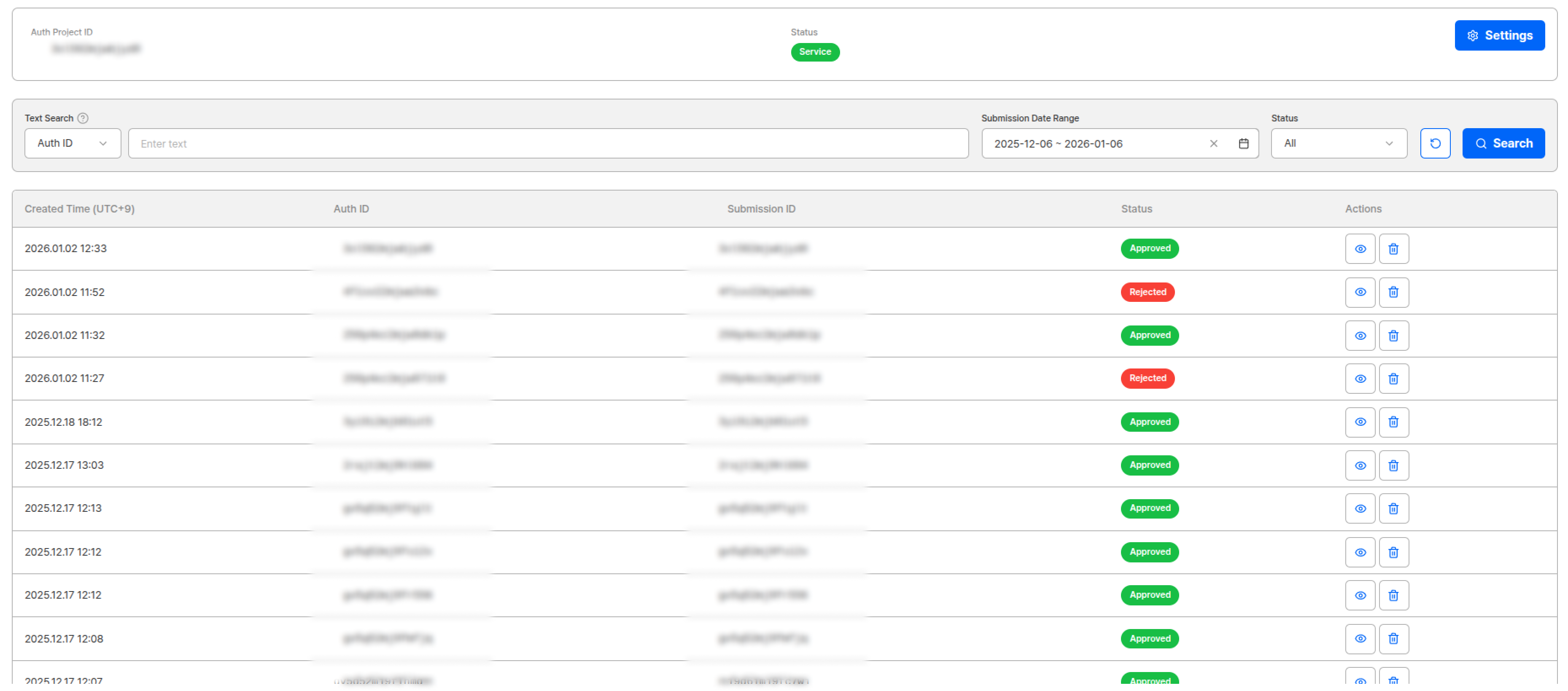 Auth ID dashboard of Add-On project