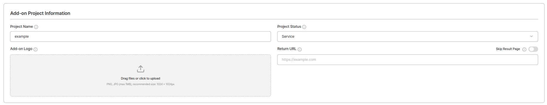 Add-On project creation screen
