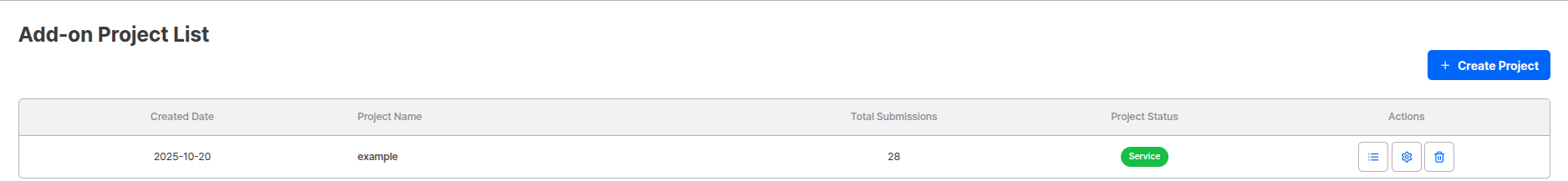 Add-On project creation screen