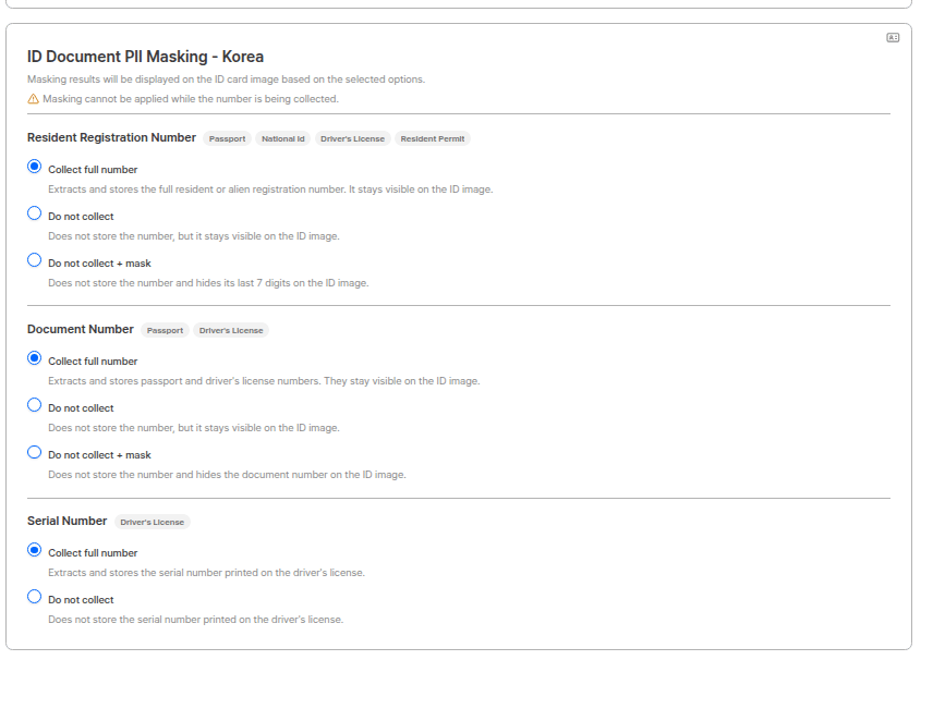 ID document PII masking settings