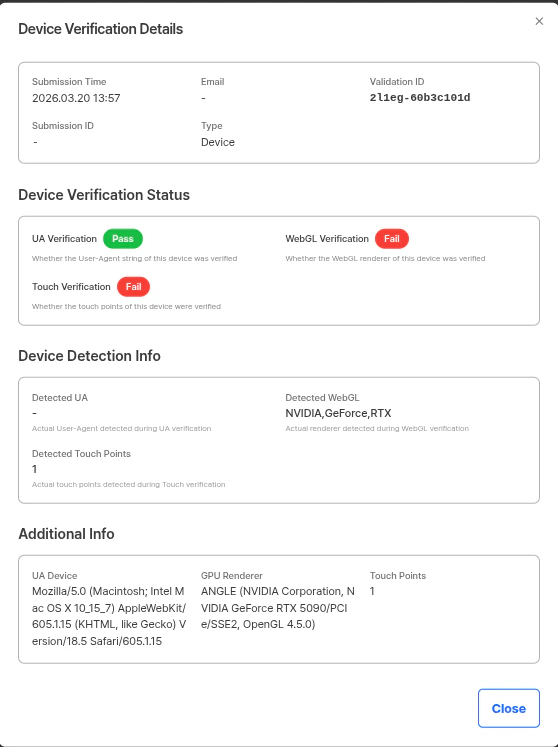 Device Verification Details modal screen
