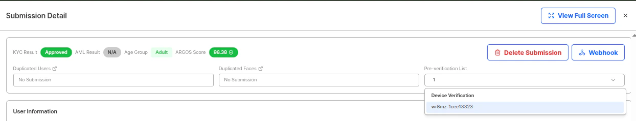 Pre-verification List dropdown in submission detail view