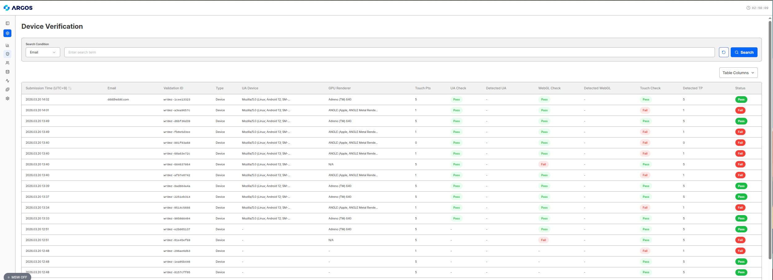Pantalla de lista de resultados de Device Verification