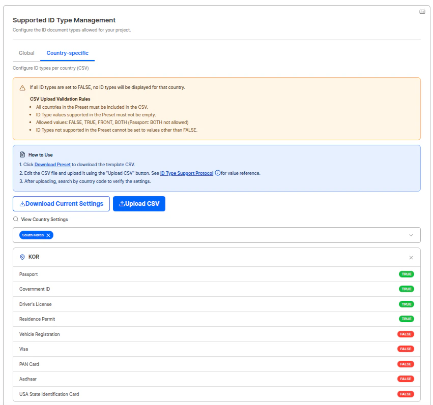 Pantalla de configuración de ID Type por país - configuración individual vía CSV