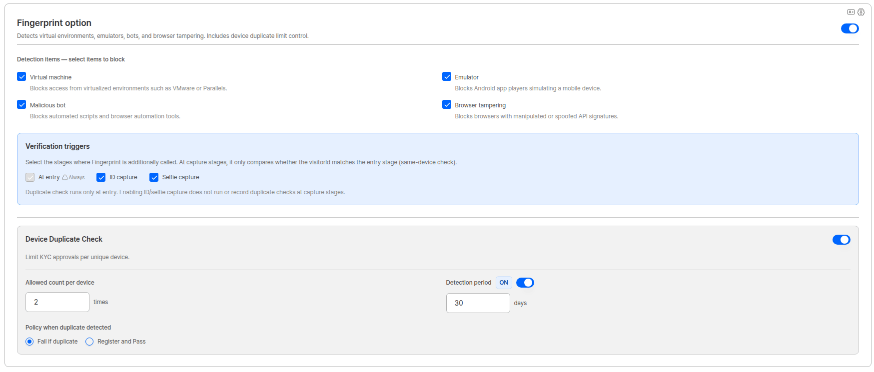 Fingerprint option verification triggers settings