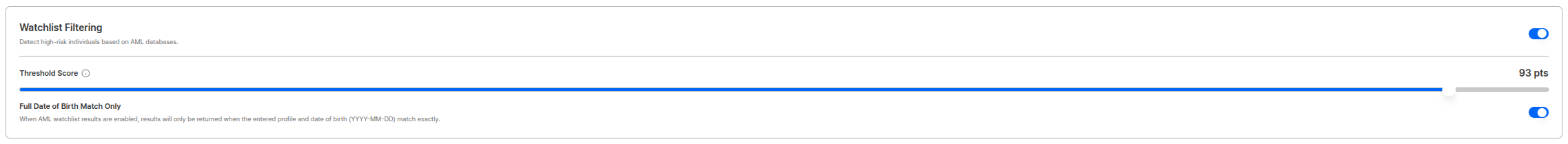 AML Watch list filtering settings