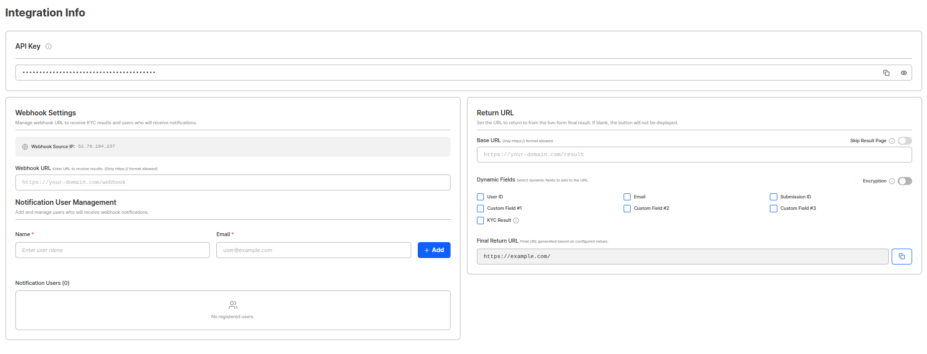 Integration information settings