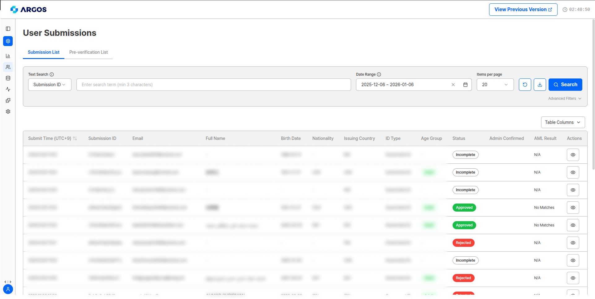 Submission list screen