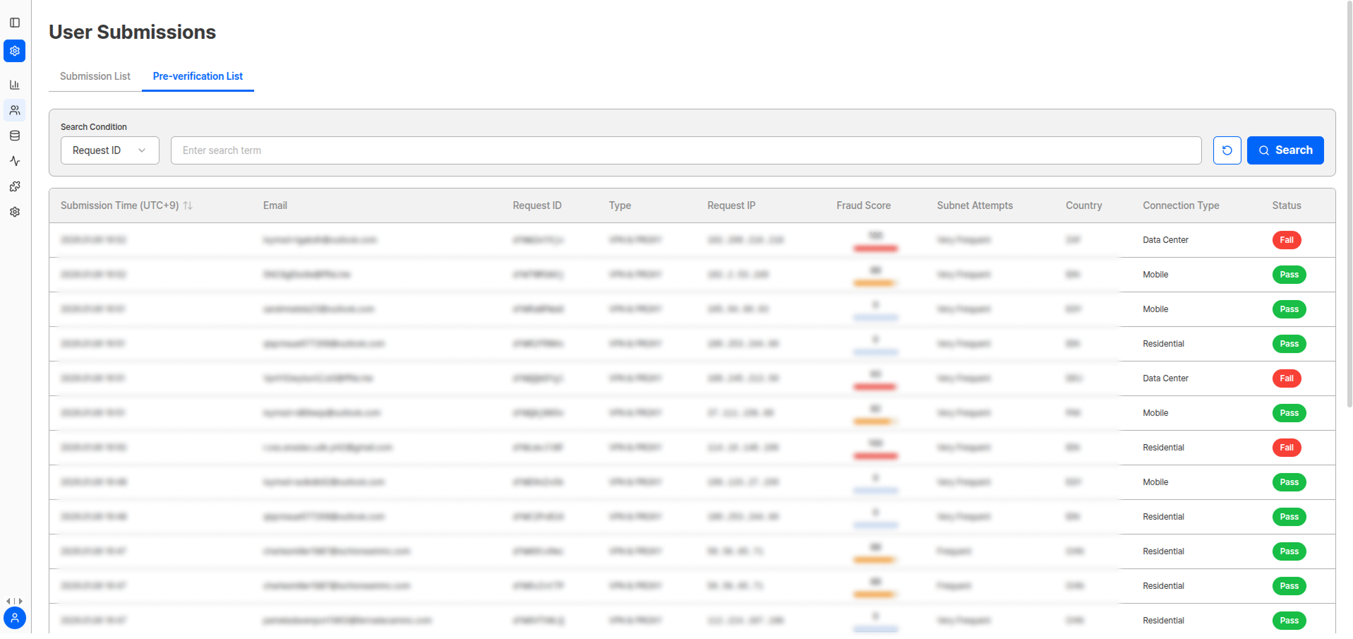 Pre-verification list screen